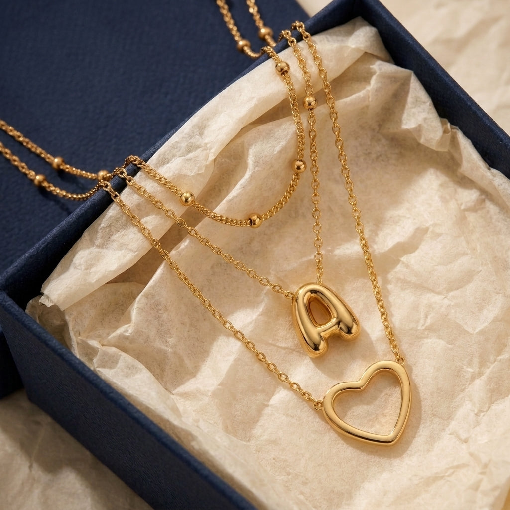 18k 3pc Heart & Bubble Letter Initial Necklace Stack