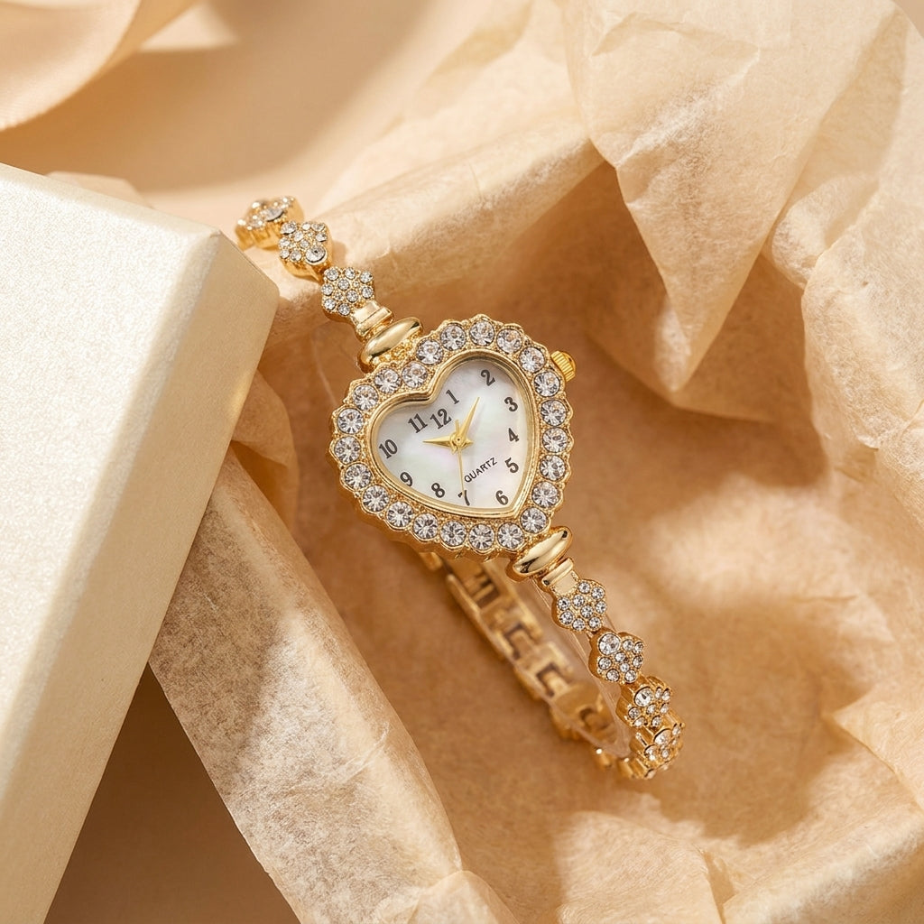 Adjustable CZ Accented Heart Watch