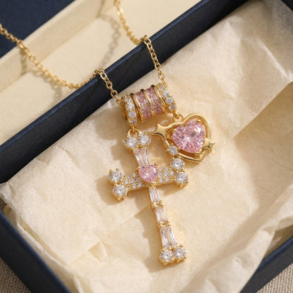 18k CZ Accented Cross & Heart Necklace
