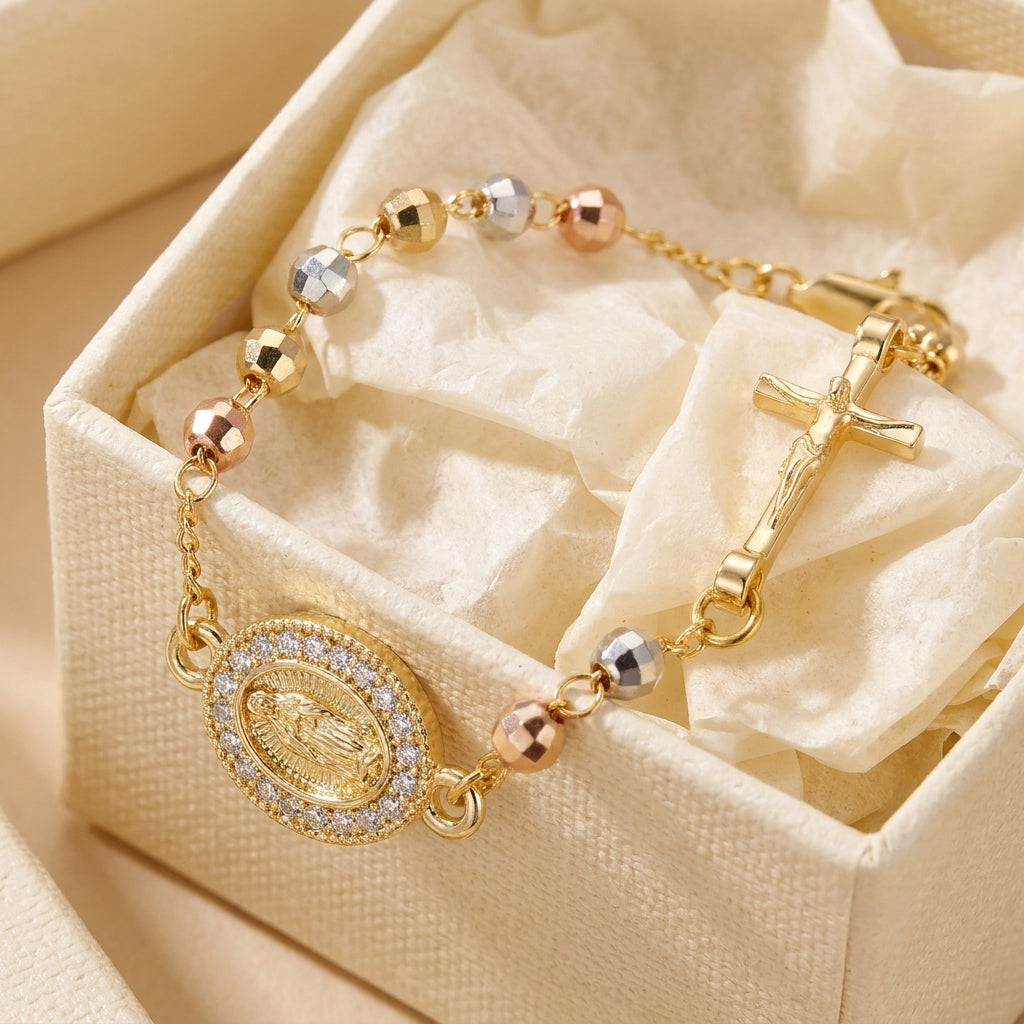 14k Crucifix Rosary Beaded Bracelet