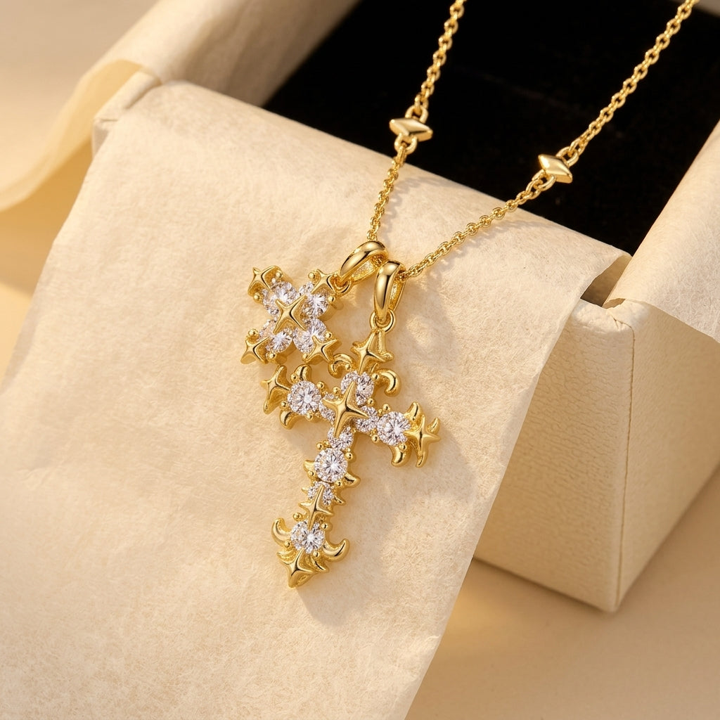18k Floral Diamond Accented Cross Necklace