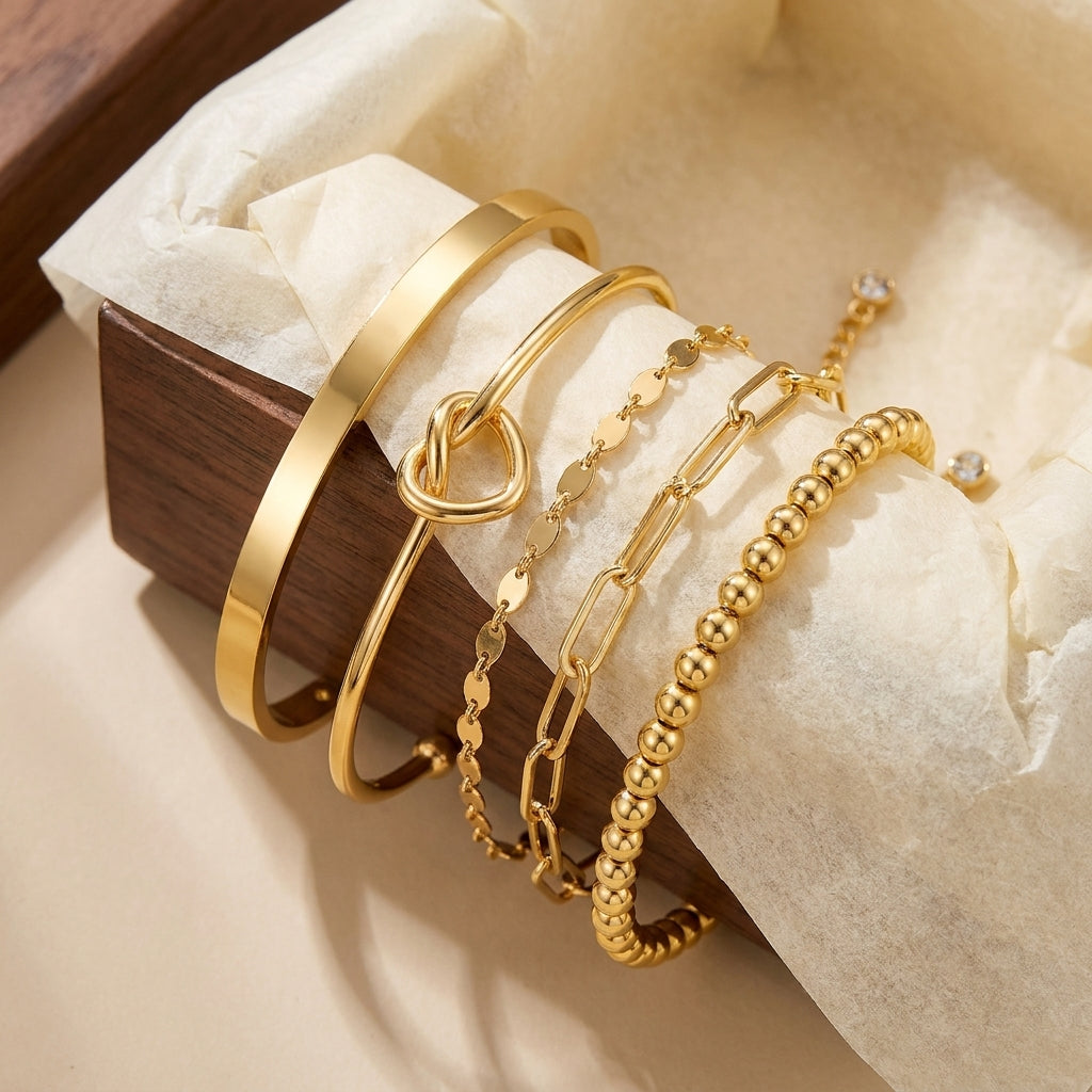 14k 5pc Beaded Knot Bracelet Stack
