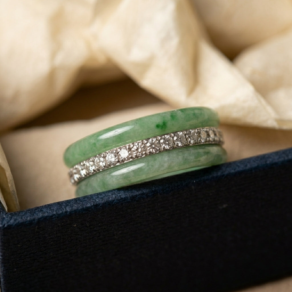 Elegant CZ Center Jade Ring Stack