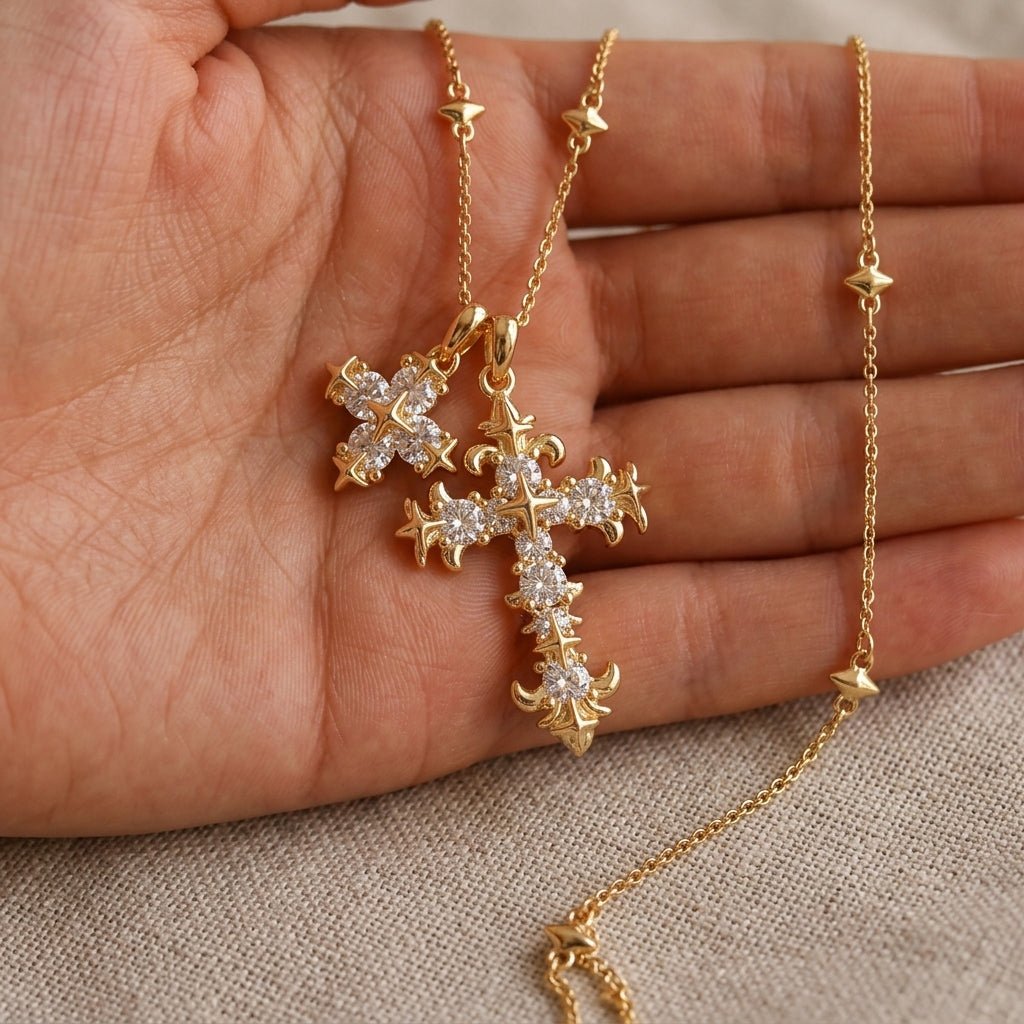 18k Floral Diamond Accented Cross Necklace
