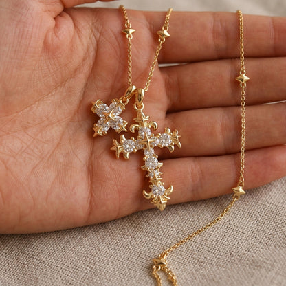 18k Floral Diamond Accented Cross Necklace
