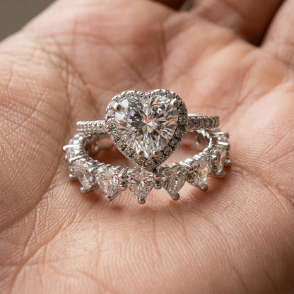 2pc Elegant Heart CZ Ring Stack