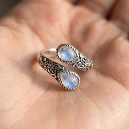 Adjustable Floral Accent Moonstone Ring