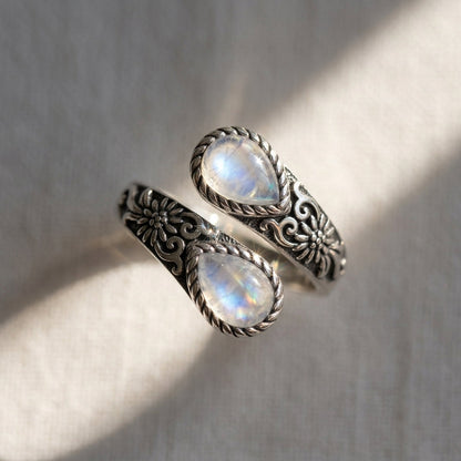 Adjustable Floral Accent Moonstone Ring