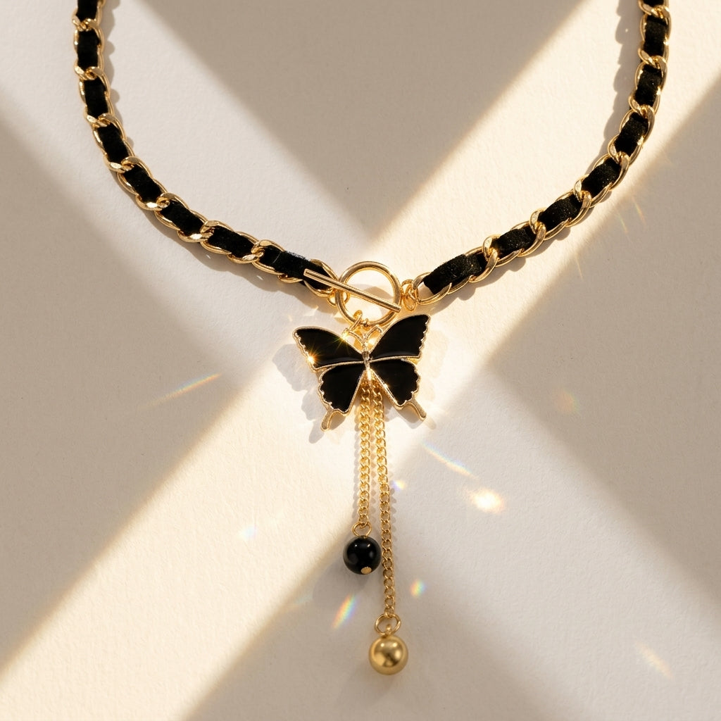 Black & Gold Butterfly Dangle Toggle Clasp Necklace