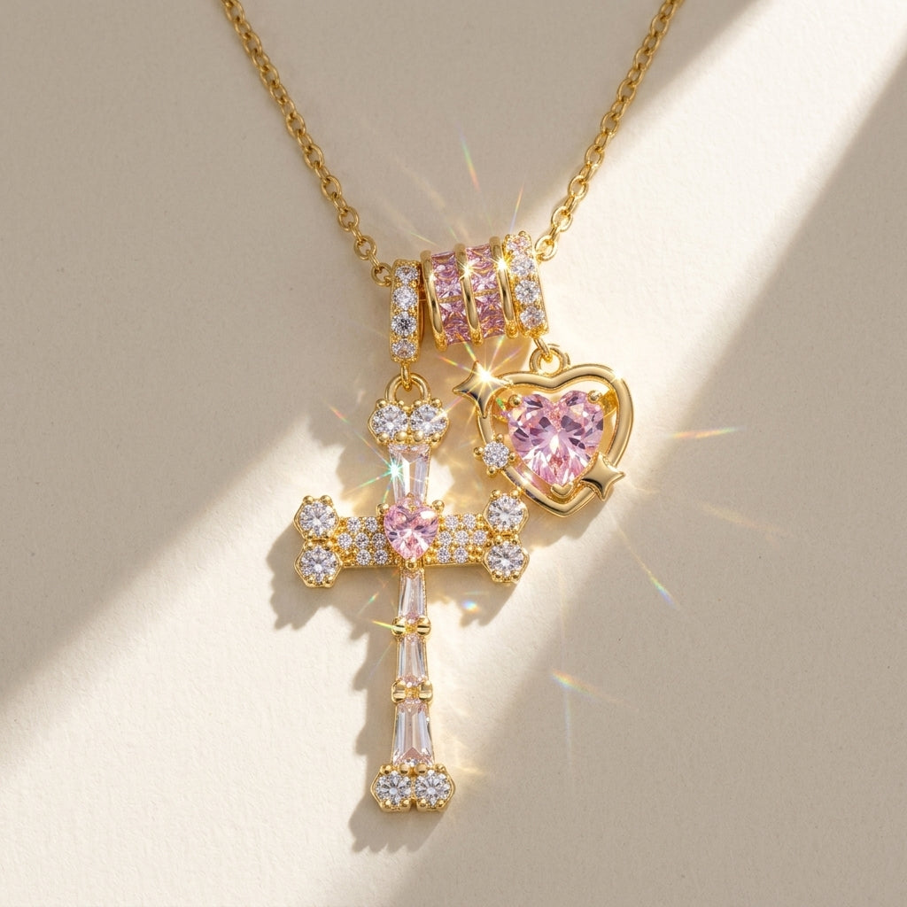 18k CZ Accented Cross & Heart Necklace