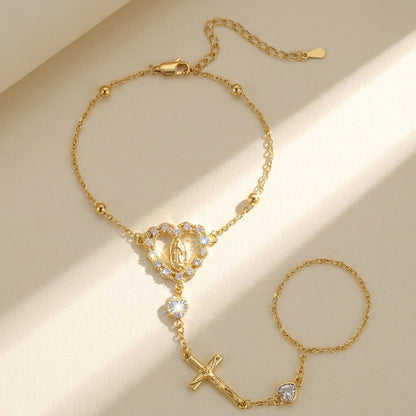 14k Virgin Mary & Jesus Christ Heart Cross Hand Chain