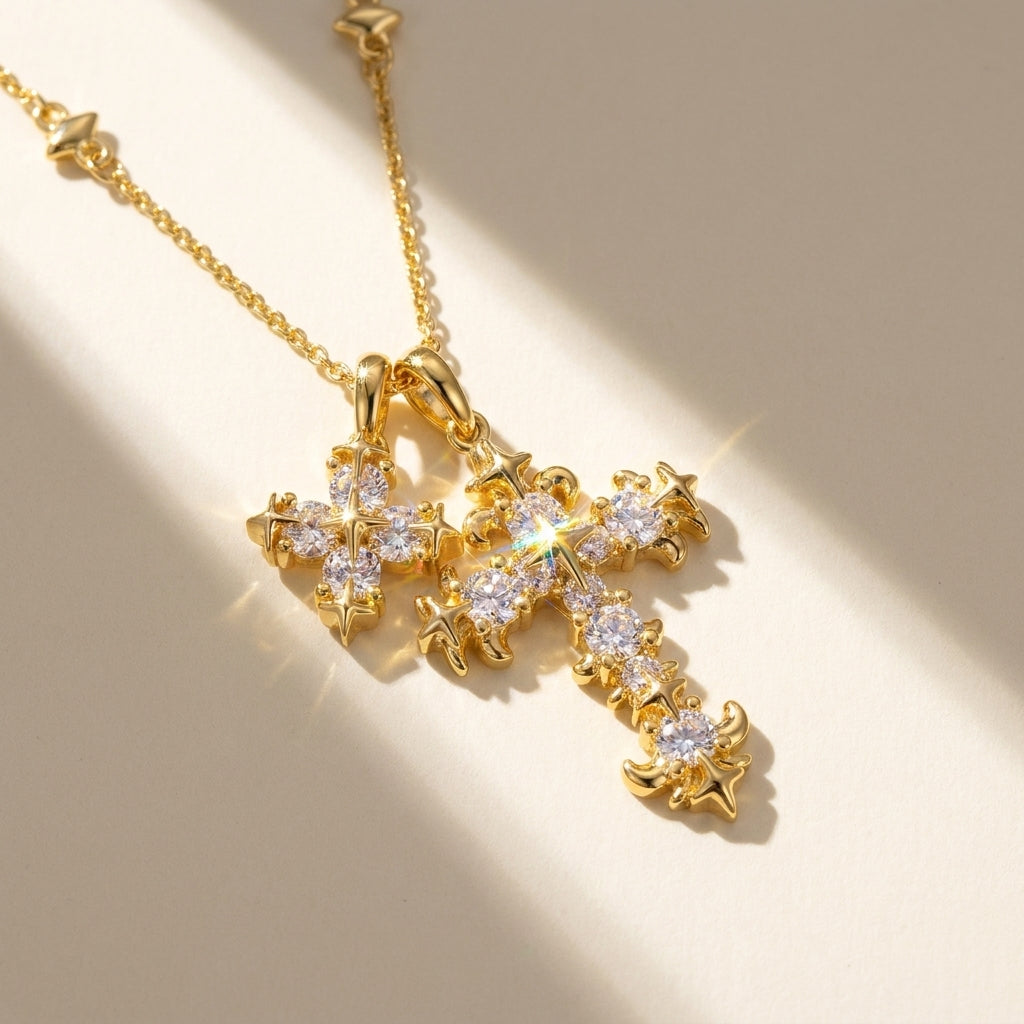 18k Floral Diamond Accented Cross Necklace