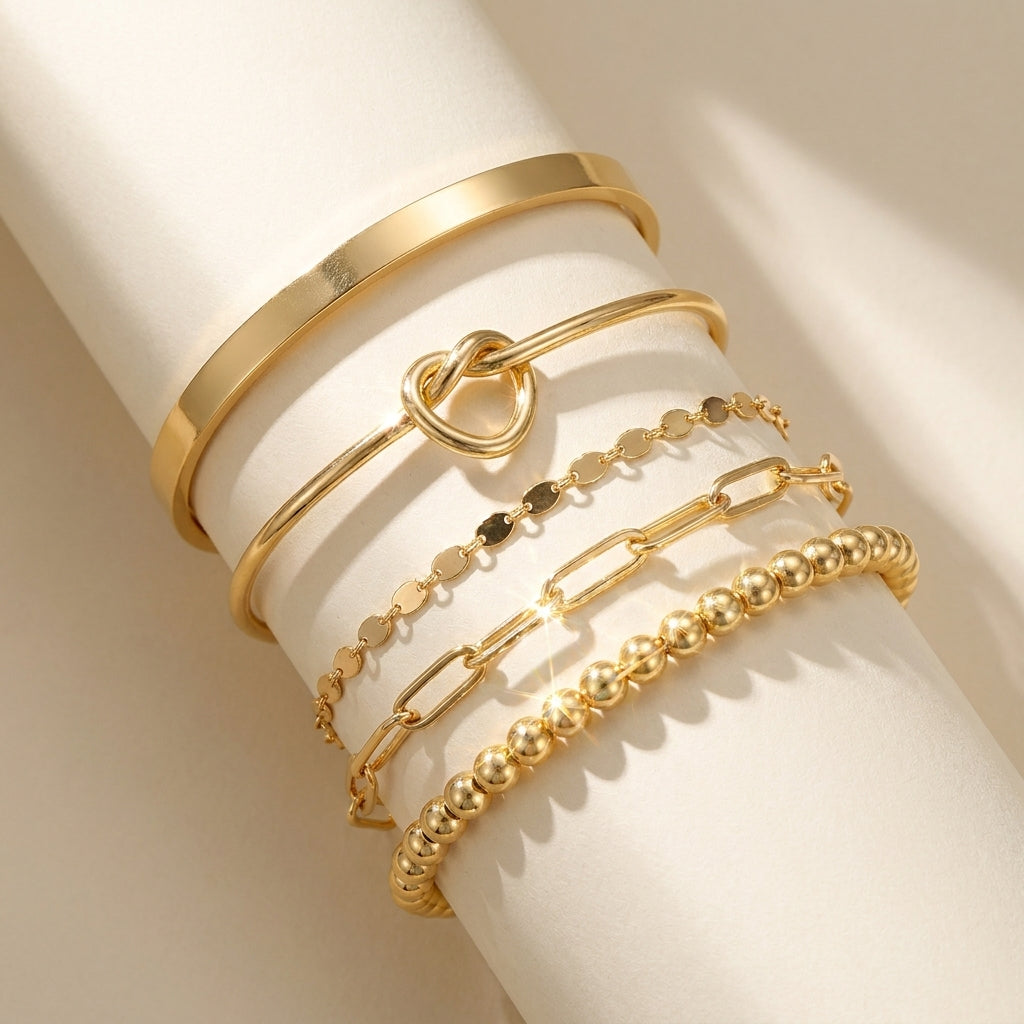 14k 5pc Beaded Knot Bracelet Stack