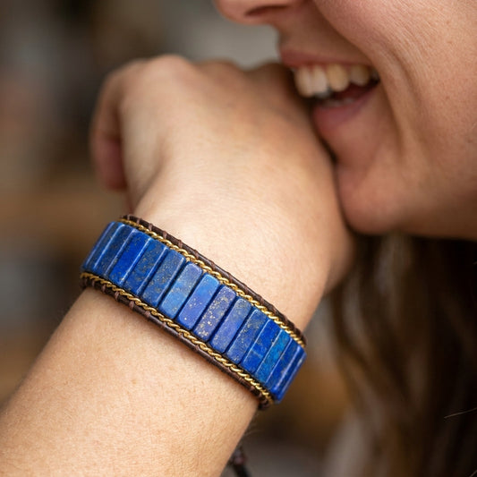 Adjustable Boho Rectangle Cut Lapis Bracelet