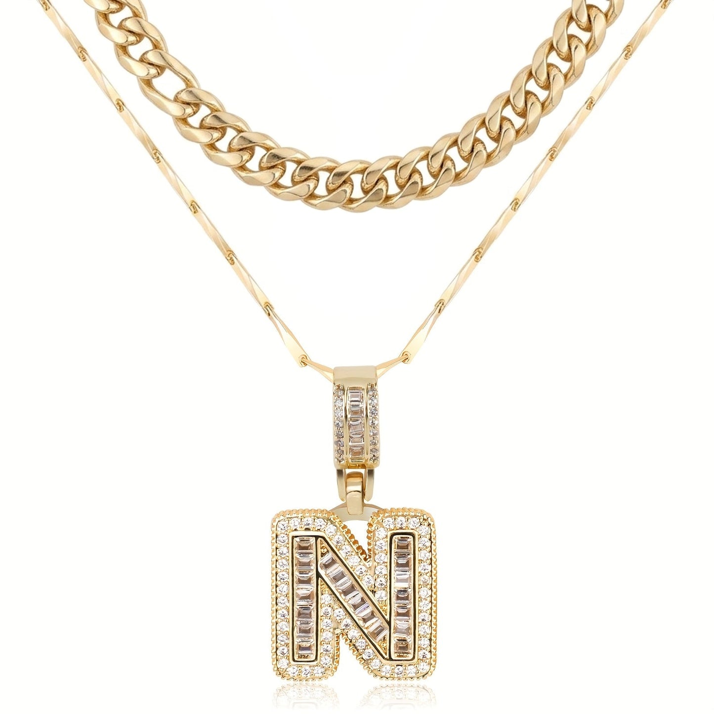 2pc 14k Layered Cuban & Initial Necklaces