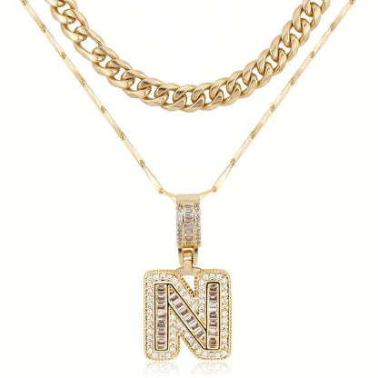 2pc 14k Layered Cuban & Initial Necklaces