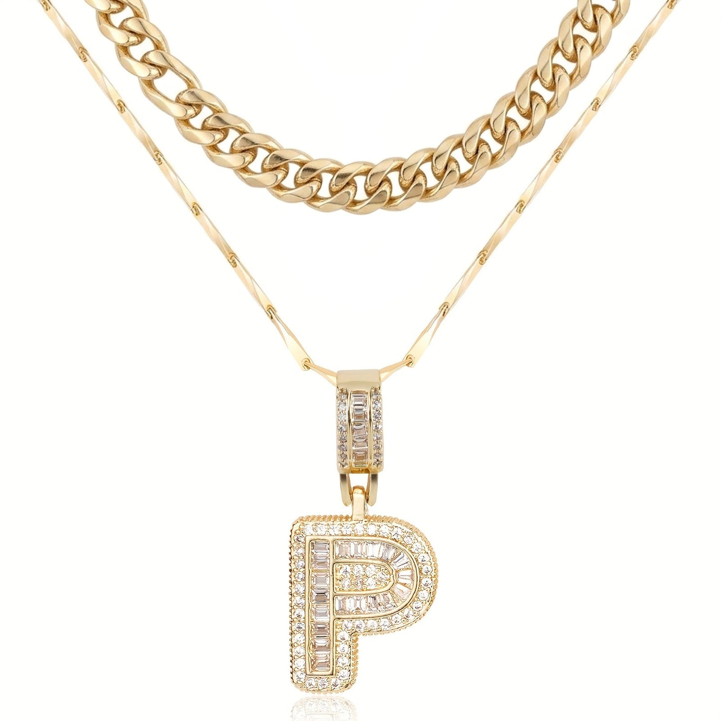 2pc 14k Layered Cuban & Initial Necklaces
