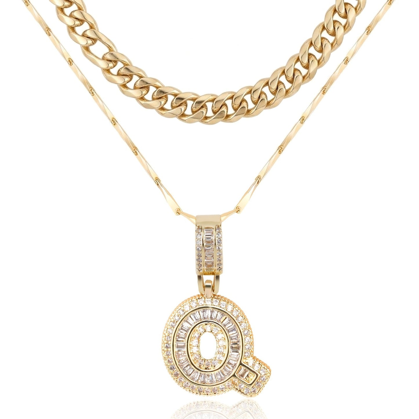 2pc 14k Layered Cuban & Initial Necklaces