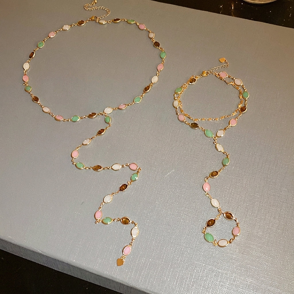 Layered Chain & Oval Beaded Hand Chain & Necklace Set