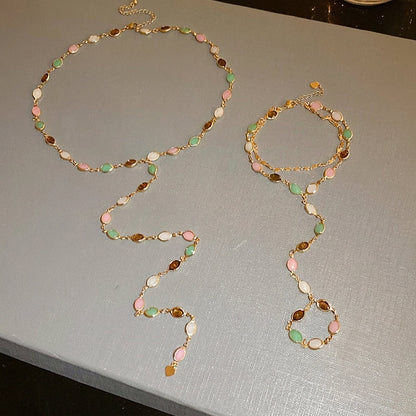 Layered Chain & Oval Beaded Hand Chain & Necklace Set