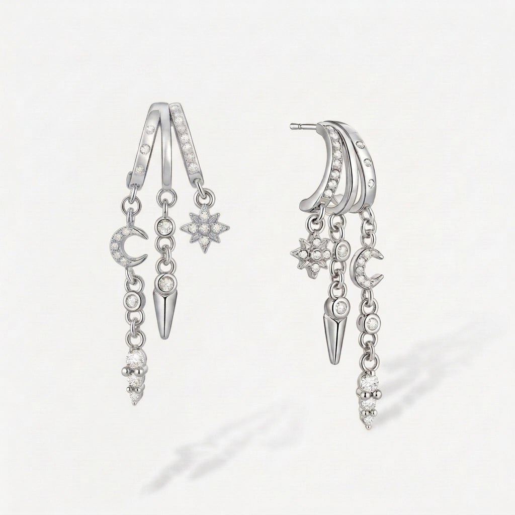14k Trio Crescent Star and Moon Earrings