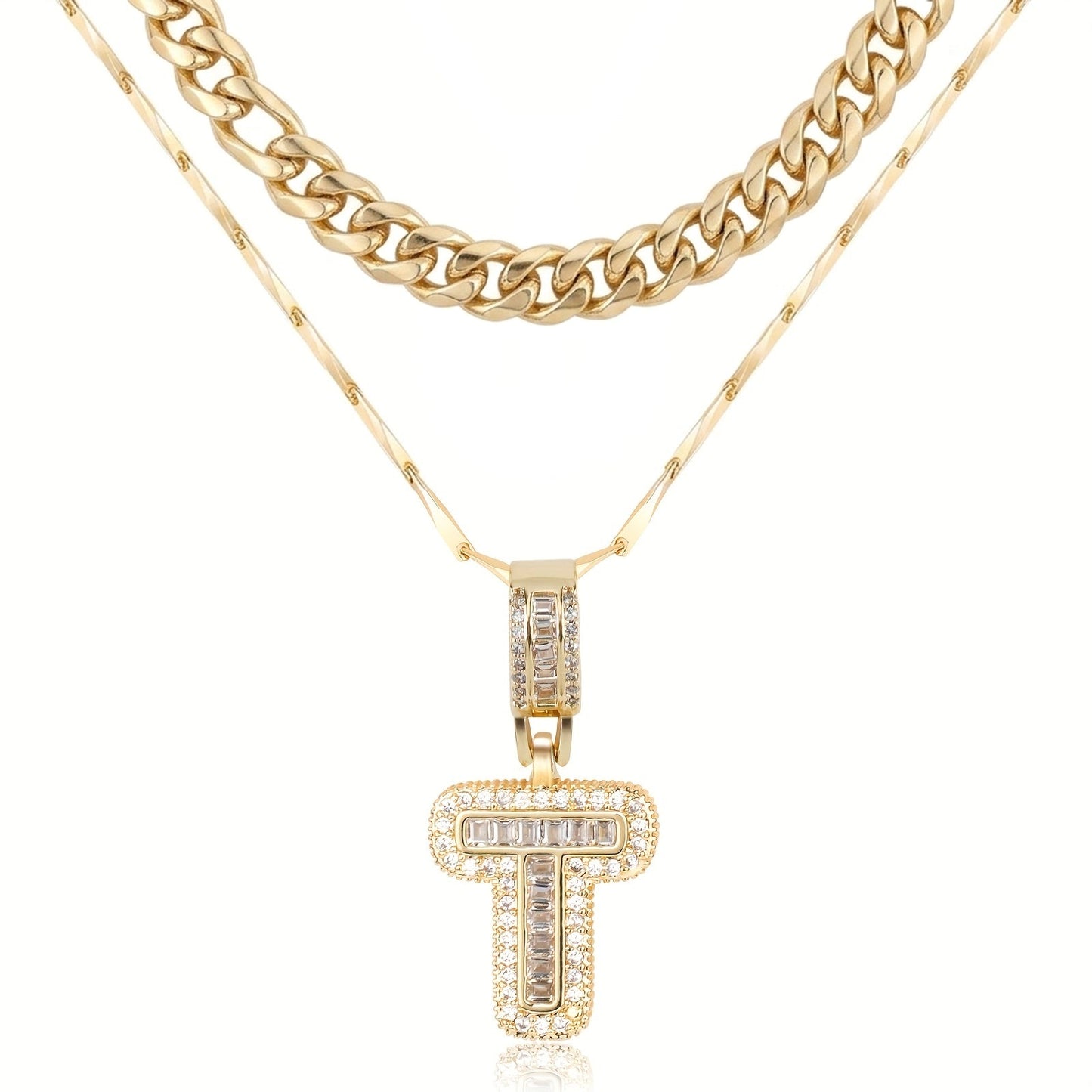 2pc 14k Layered Cuban & Initial Necklaces