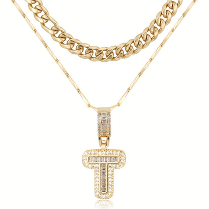 2pc 14k Layered Cuban & Initial Necklaces