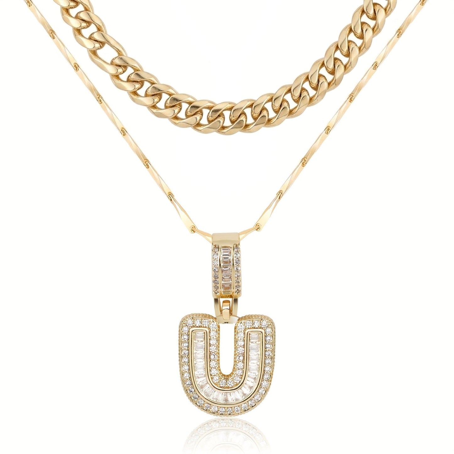 2pc 14k Layered Cuban & Initial Necklaces