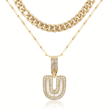 2pc 14k Layered Cuban & Initial Necklaces