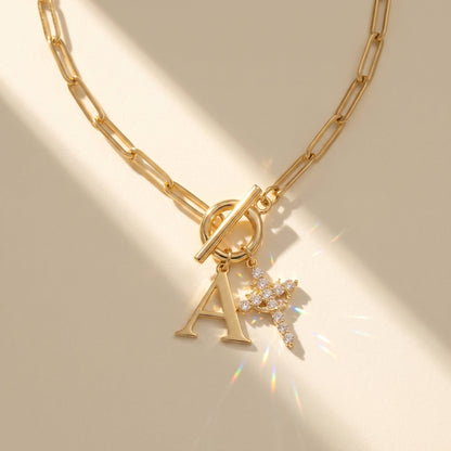 Paperclip Initial & Cross Toggle Clasp Necklace