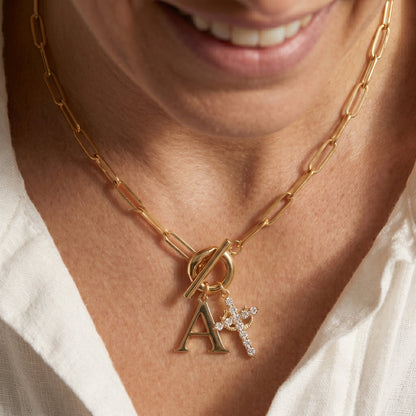Paperclip Initial & Cross Toggle Clasp Necklace