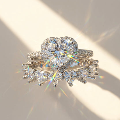 2pc Elegant Heart CZ Ring Stack