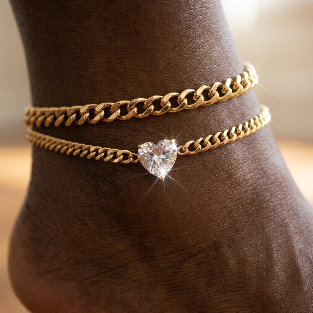 2pc Cuban Heart Accented Anklet Set