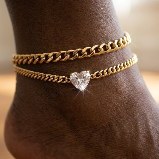 2pc Cuban Heart Accented Anklet Set