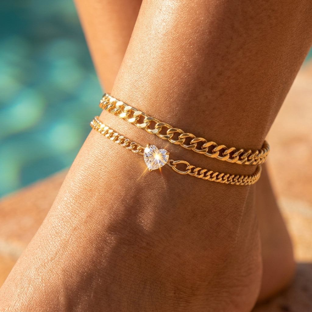 2pc Cuban Heart Accented Anklet Set