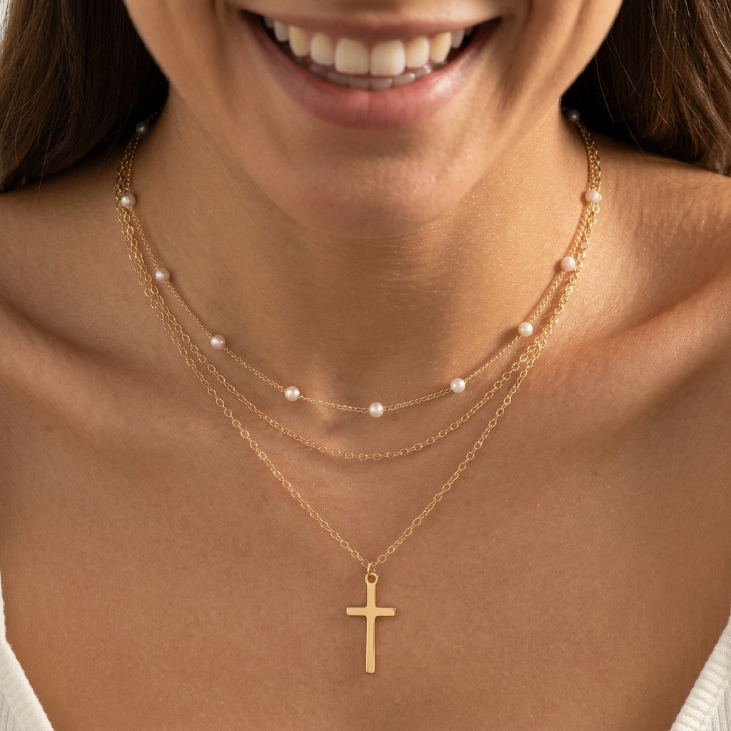 2pc Dainty Layered Pearl & Cross Necklace Stack