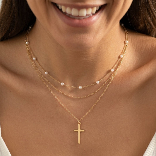 2pc Dainty Layered Pearl & Cross Necklace Stack