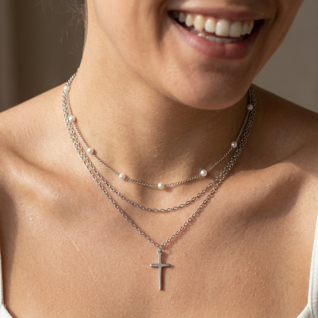 2pc Dainty Layered Pearl & Cross Necklace Stack