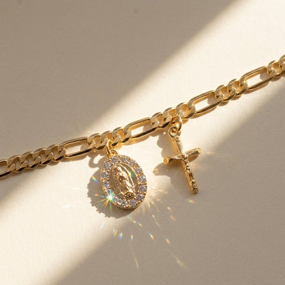 18k Virgin Mary & Cross Figaro Bracelet