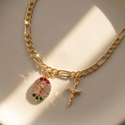 18k Virgin Mary & Cross Figaro Bracelet