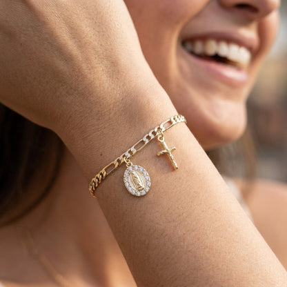 18k Virgin Mary & Cross Figaro Bracelet