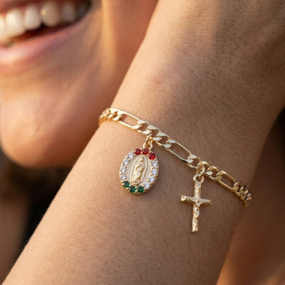 18k Virgin Mary & Cross Figaro Bracelet