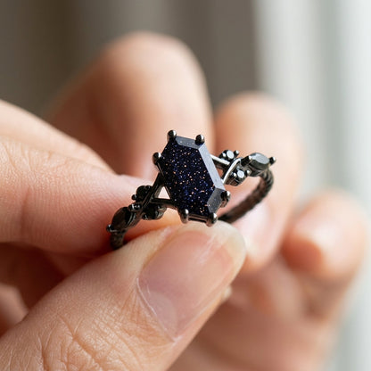 Elegant Hexagonal Cut Black Ring