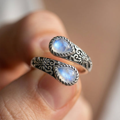Adjustable Floral Accent Moonstone Ring