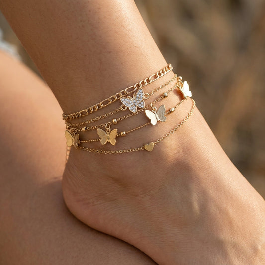 4pc Butterfly & Heart Anklet Stack