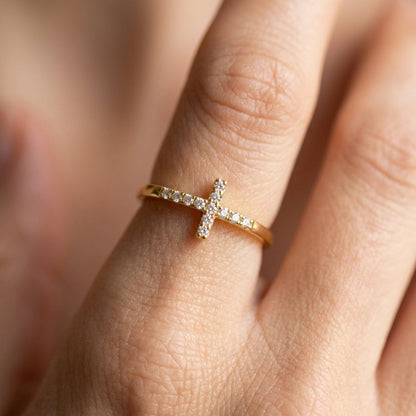 14k Diamond Accented Cross Ring