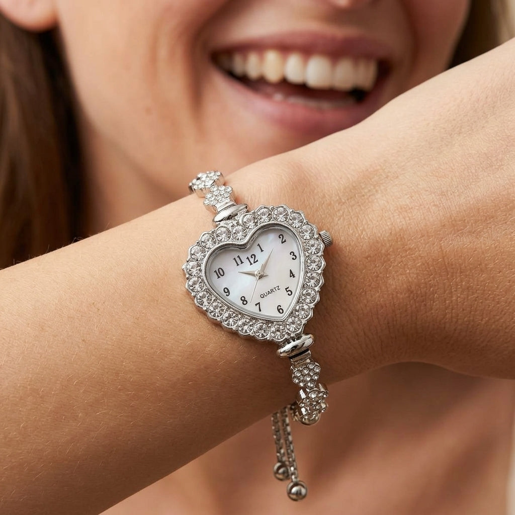 Adjustable CZ Accented Heart Watch
