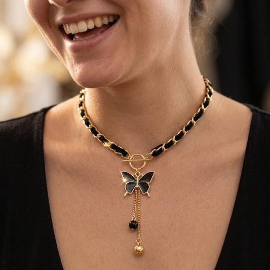 Black & Gold Butterfly Dangle Toggle Clasp Necklace