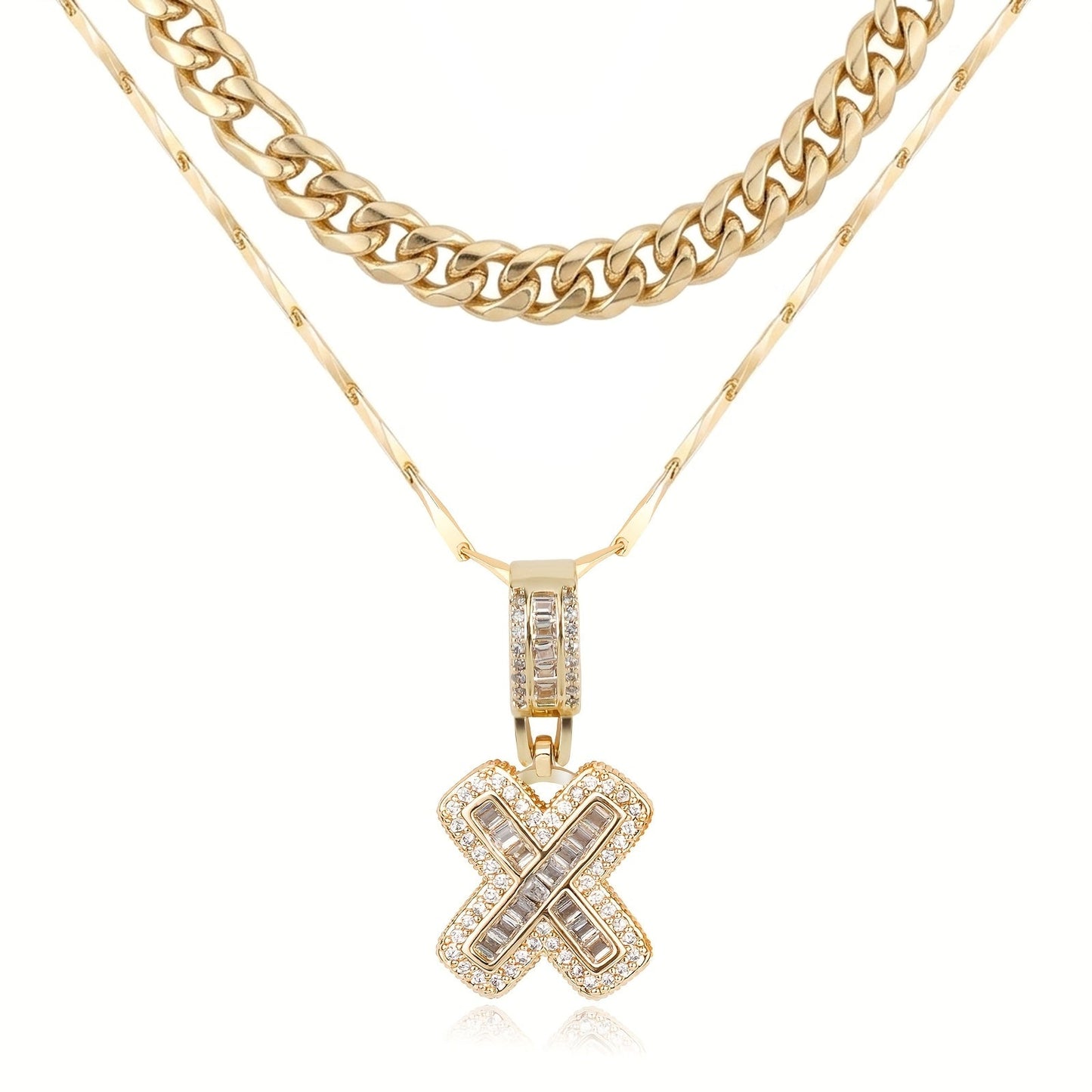 2pc 14k Layered Cuban & Initial Necklaces