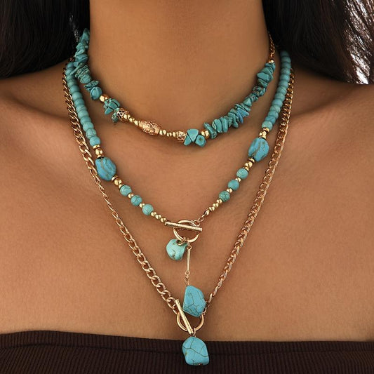3pc Boho Toggle Clasp Turquoise Accented Necklace Stack